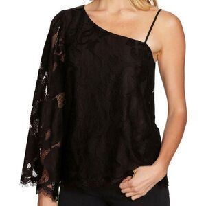1.STATE One-Shoulder Lace Blouse Black Eyelash Trim - Medium NWT